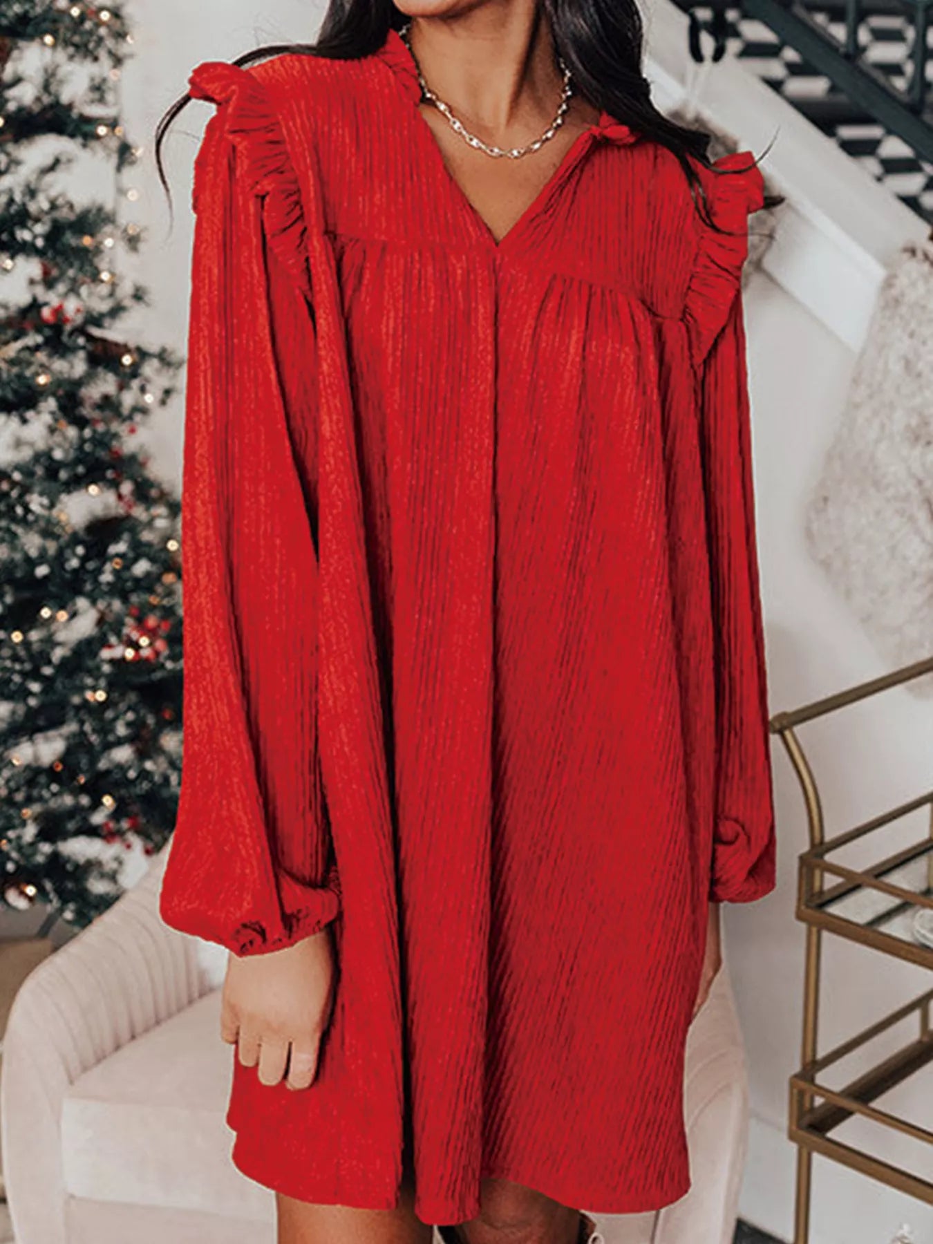 red loose fit dress Textured Ruffled Trim Loose Fit Mini Dress – Blue Zone Planet