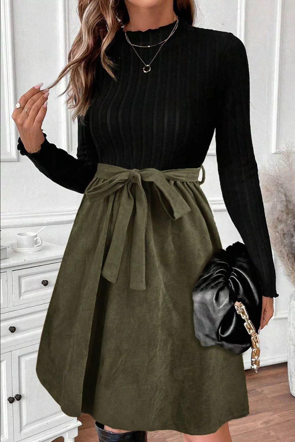 Ribbed Tie Waist A-Line Dress Black / S