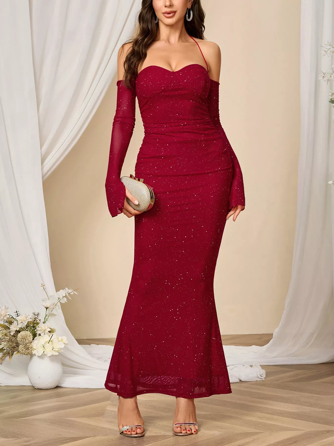 Glitter Sweetheart Neck Long Sleeve Maxi Dress Wine Red / M