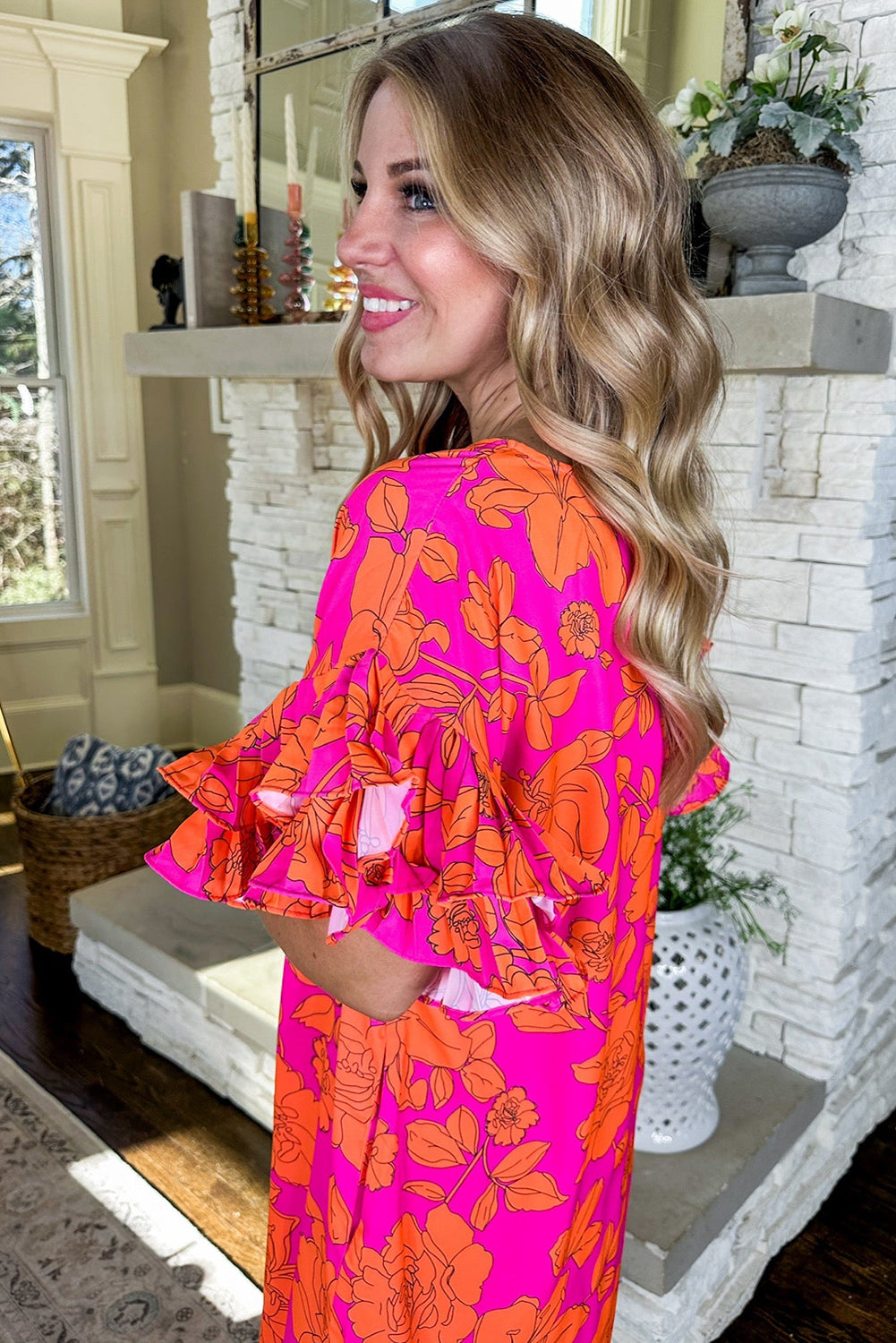 Pink Voluminous Ruffled Sleeve Floral Dress Blue Zone Planet