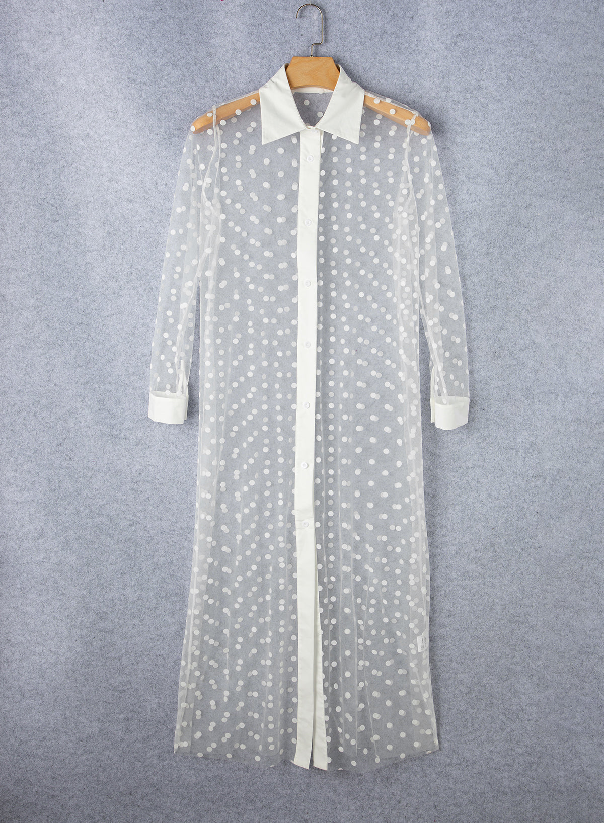 White Polka Dot Print Collared Buttoned Mesh Duster Kimono Blue Zone Planet