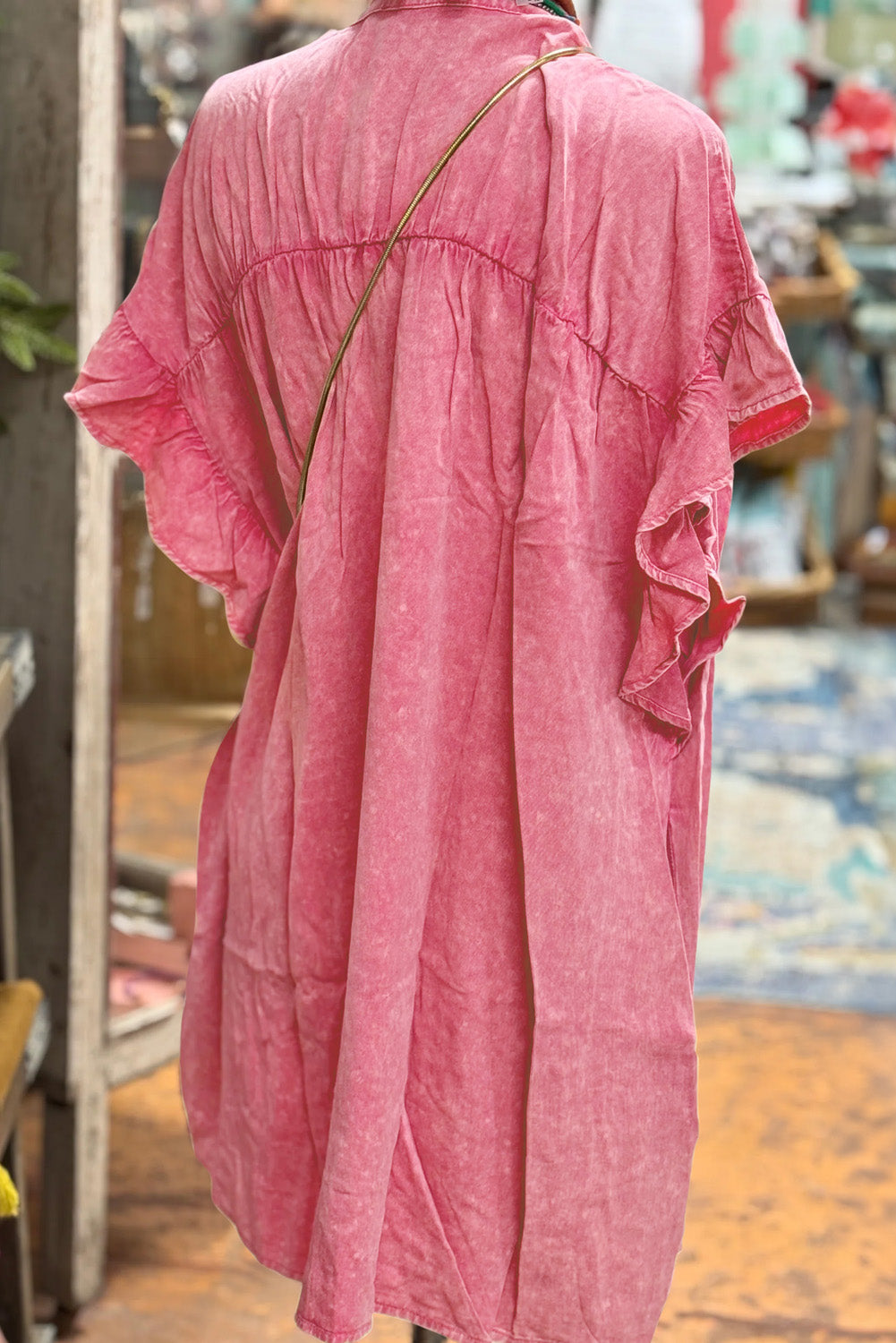 Blue Zone Planet | Pink Ruffled Short Sleeve Buttoned Denim Mini Dress Blue Zone Planet