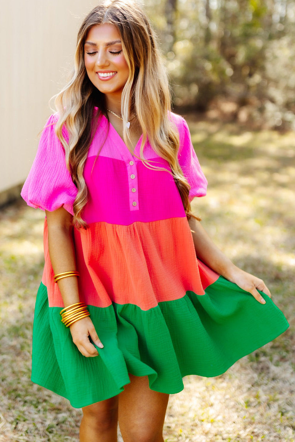 Blue Zone Planet | Multicolor Color Block Tiered Puff Sleeve Dress Blue Zone Planet