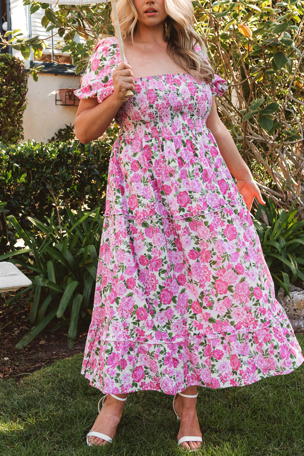 strapless open back dress Pink Dainty Floral Smocked Puff Sleeve Flowy Long Dress Pink / M / 100%Polyester by Blue Zone Planet