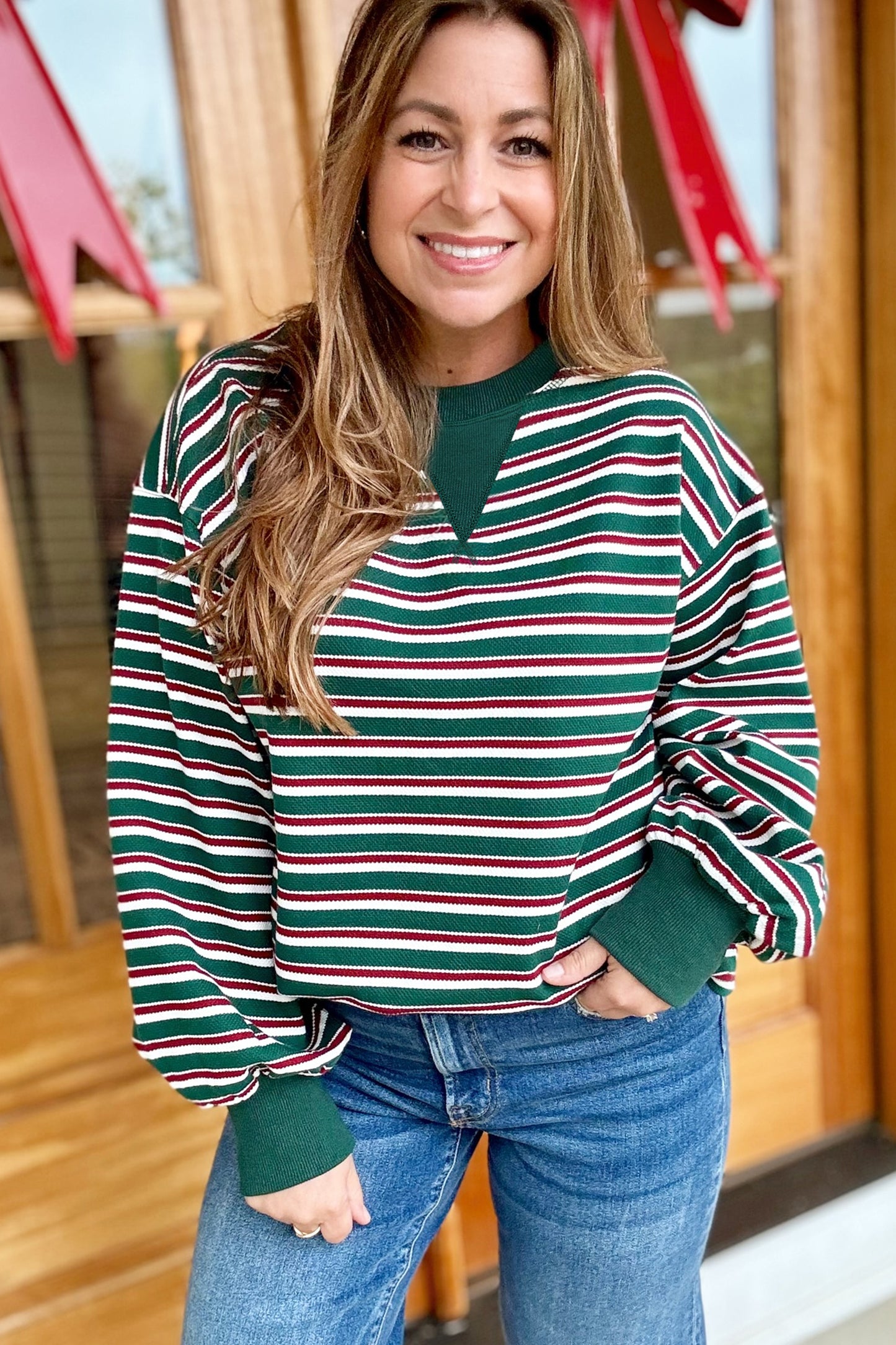 Green Stripe Striped Colorblock Round Neck Long Sleeve Shift Plus Size Sweatshirt