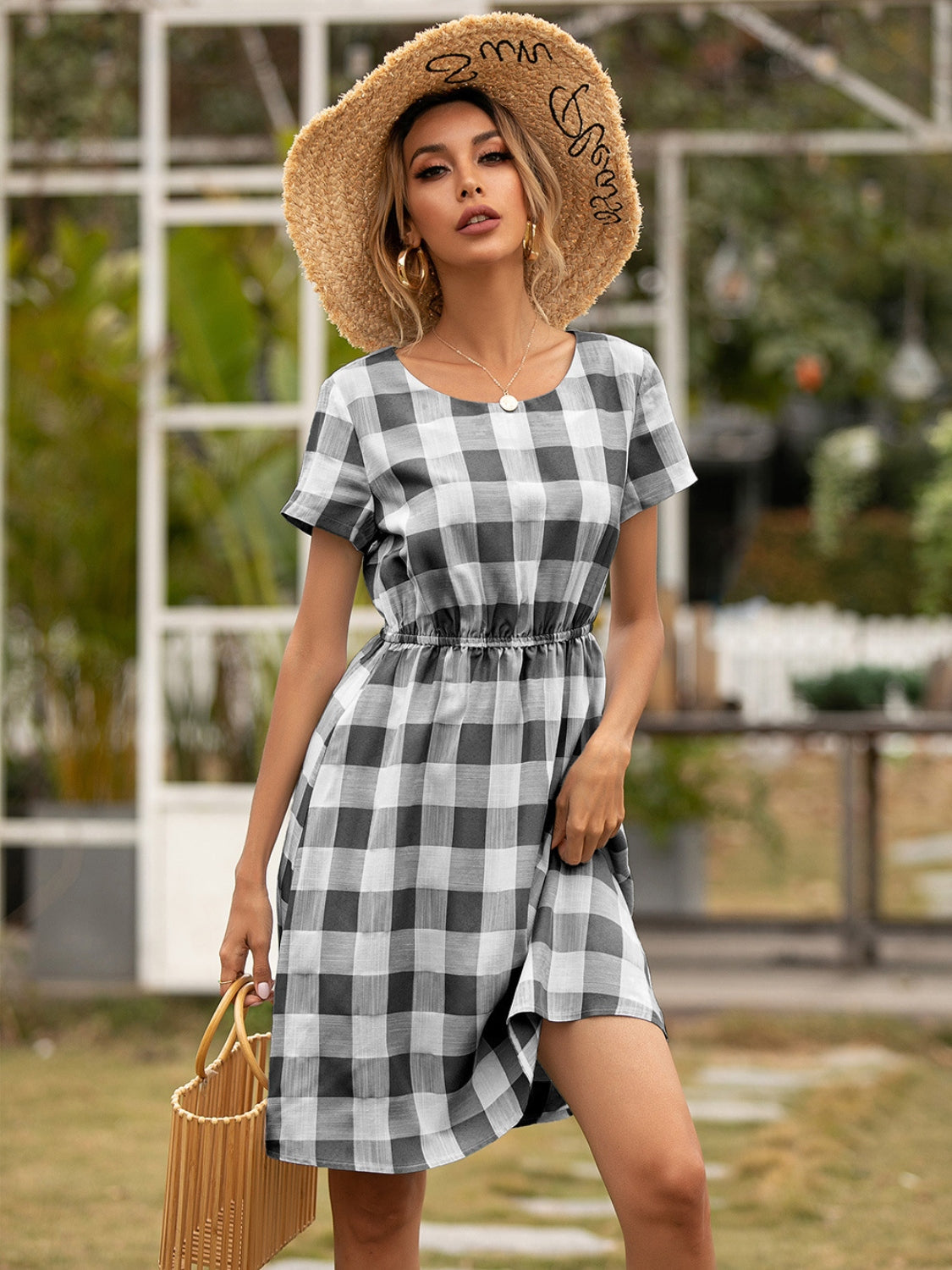 Blue Zone Planet | Smocked Plaid Round Neck Short Sleeve Dress BLUE ZONE PLANET