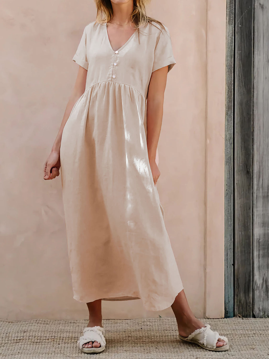 Blue Zone Planet | V-Neck Short Sleeve Midi Dress BLUE ZONE PLANET