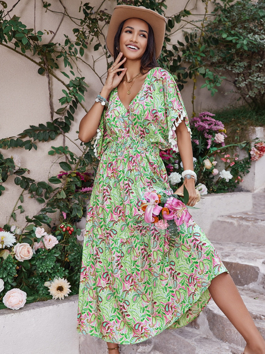 Blue Zone Planet | Smocked Floral V-Neck Short Sleeve Dress BLUE ZONE PLANET
