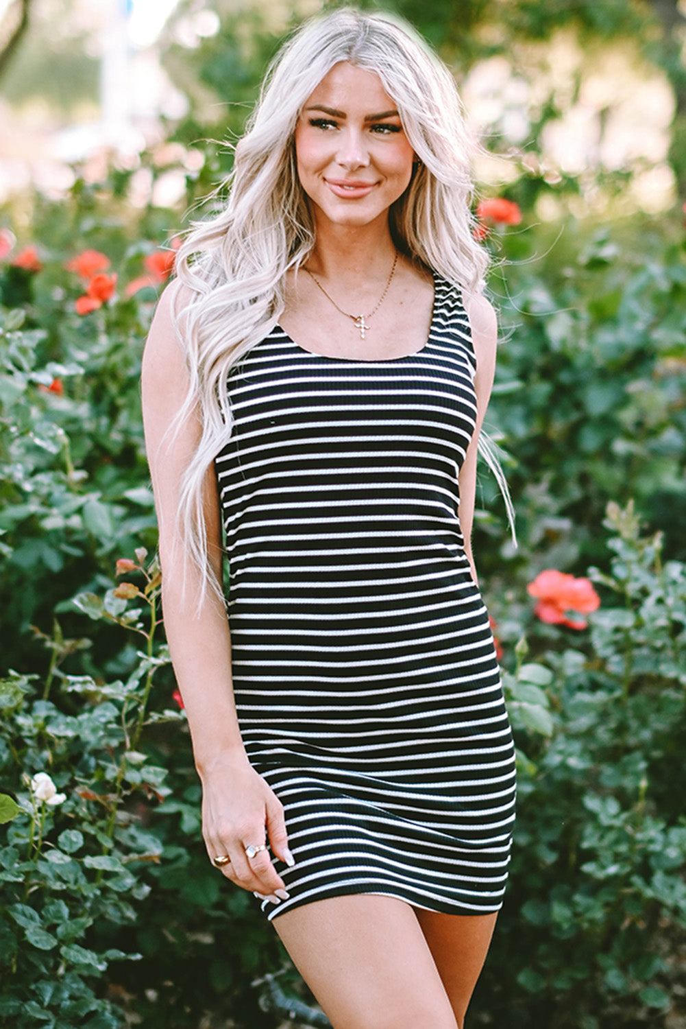Blue Zone Planet | Black Stripe Ribbed Knit Sleeveless Mini Dress Blue Zone Planet