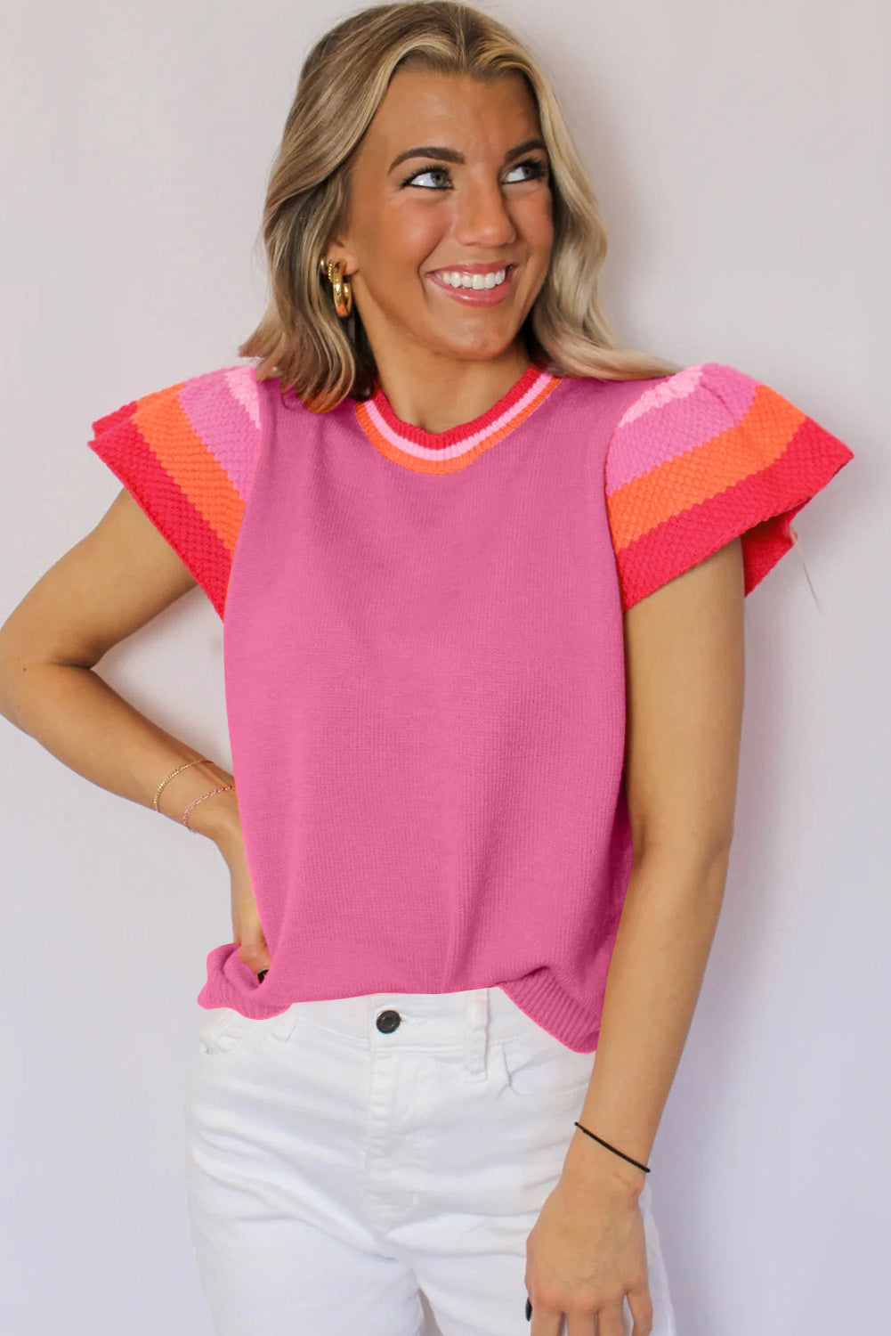 Blue Zone Planet | Carrot Contrast Flutter Sleeves Knitted Sweater T Shirt Blue Zone Planet