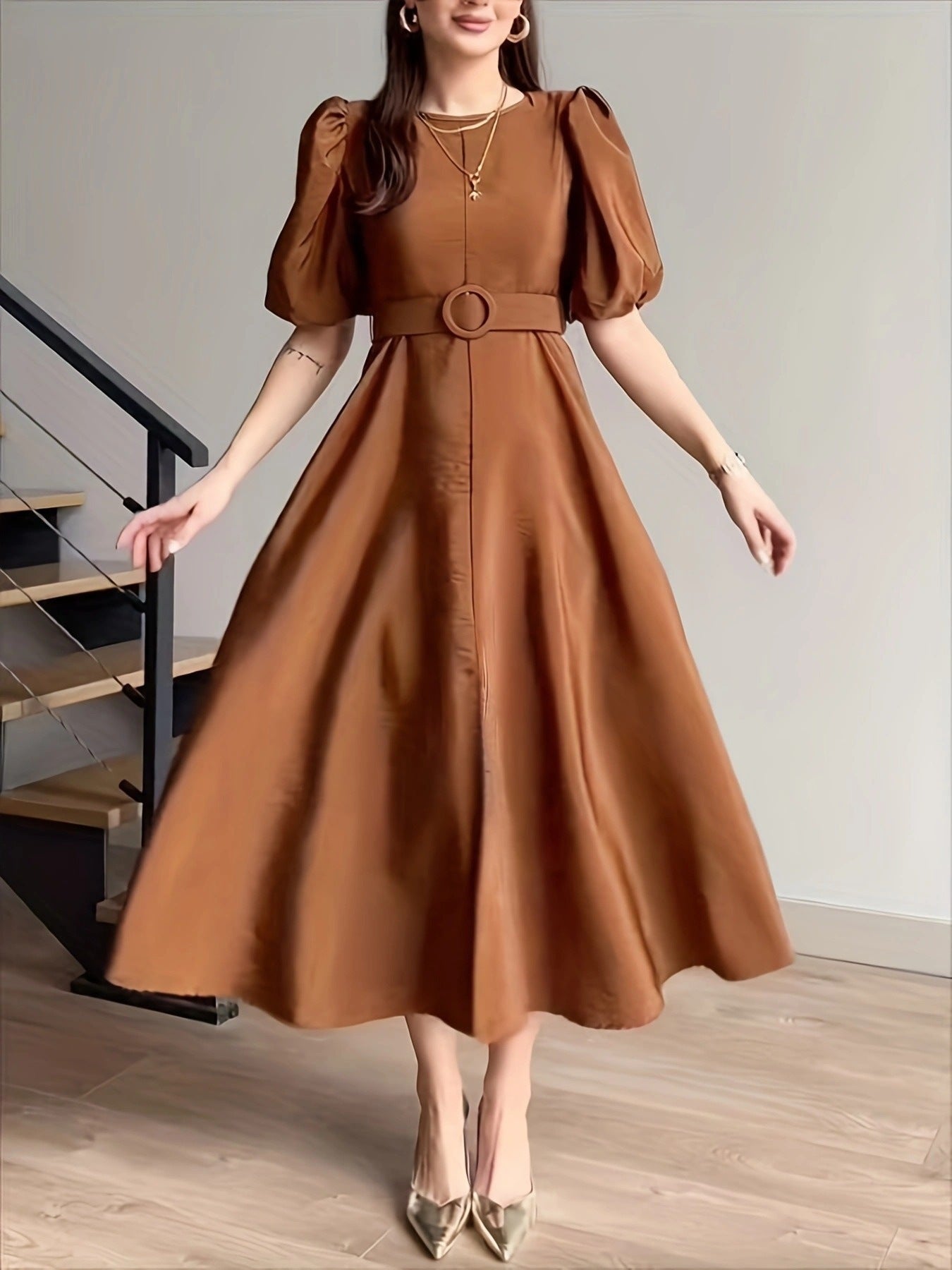 belted puff sleeve midi dress Puff Sleeve Belted Midi Shirt Dress