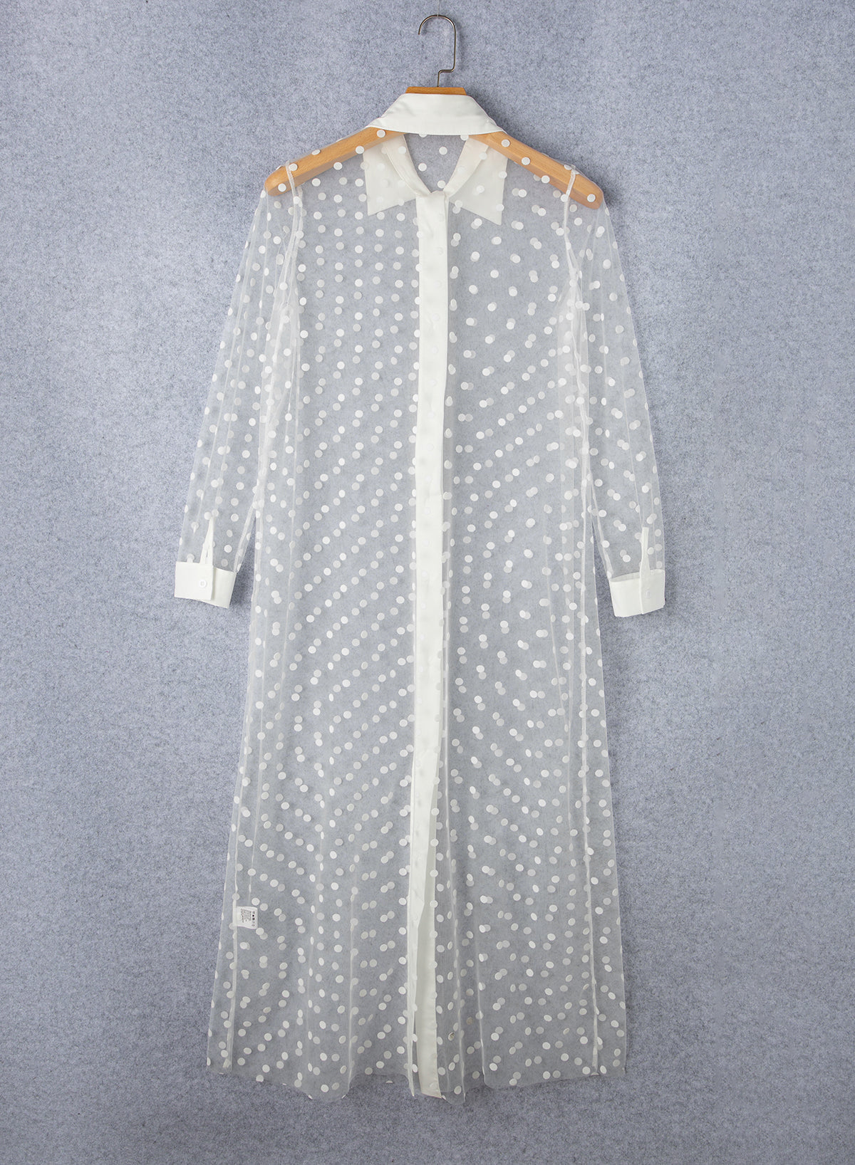 White Polka Dot Print Collared Buttoned Mesh Duster Kimono Blue Zone Planet