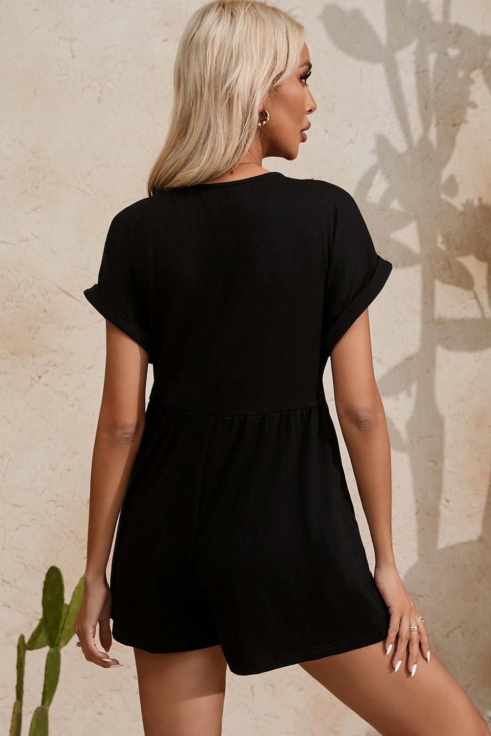 Black V Neck Buttons Loose Cuffed Short Sleeve Romper Blue Zone Planet