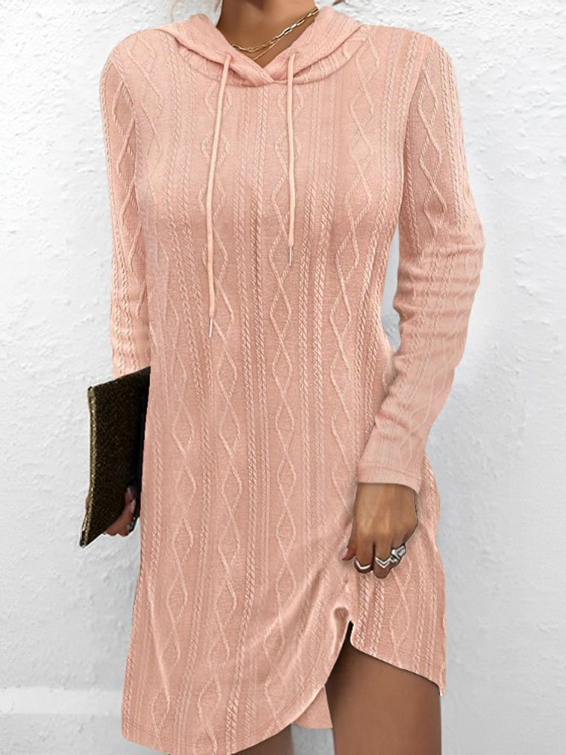 Blue Zone Planet | Textured Drawstring Long Sleeve Hooded Dress BLUE ZONE PLANET