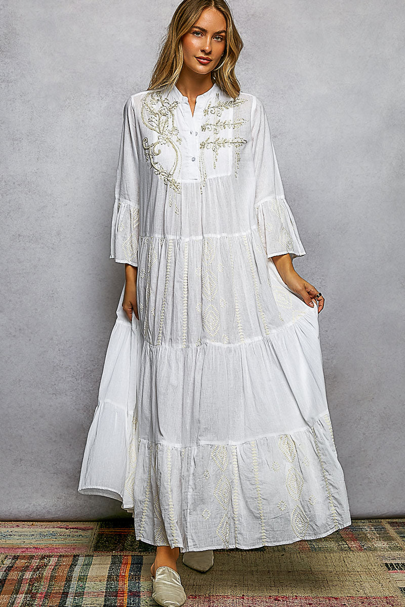 blue and white tiered maxi dress POL Embroidered Floral Tiered Maxi Dress – Blue Zone Planet