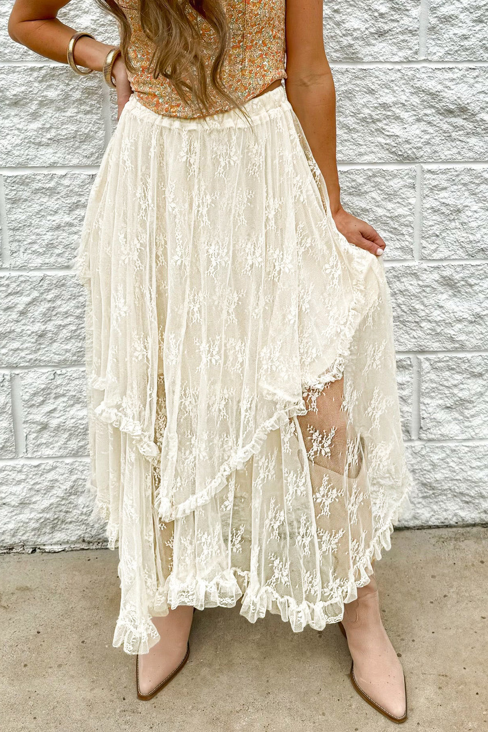 Wholesale MOQ6 Lace Tiered Midi Skirt