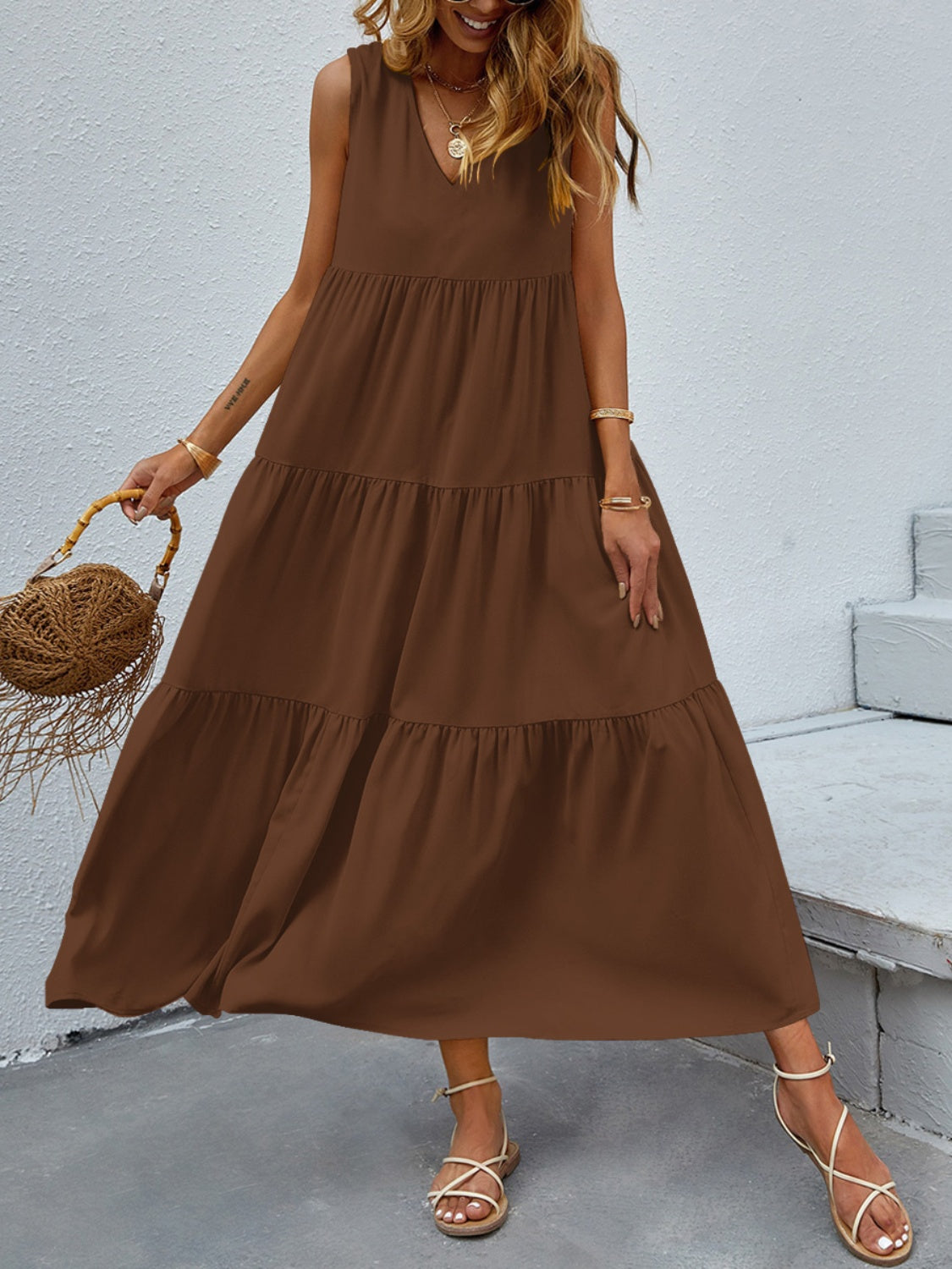 Tiered V-Neck Sleeve Dress BLUE ZONE PLANET
