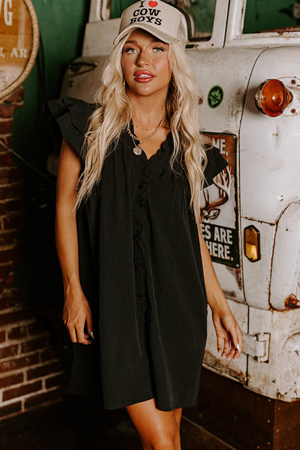 Blue Zone Planet | Black Ruffle Sleeve V Neck Frilled Shift Dress Blue Zone Planet