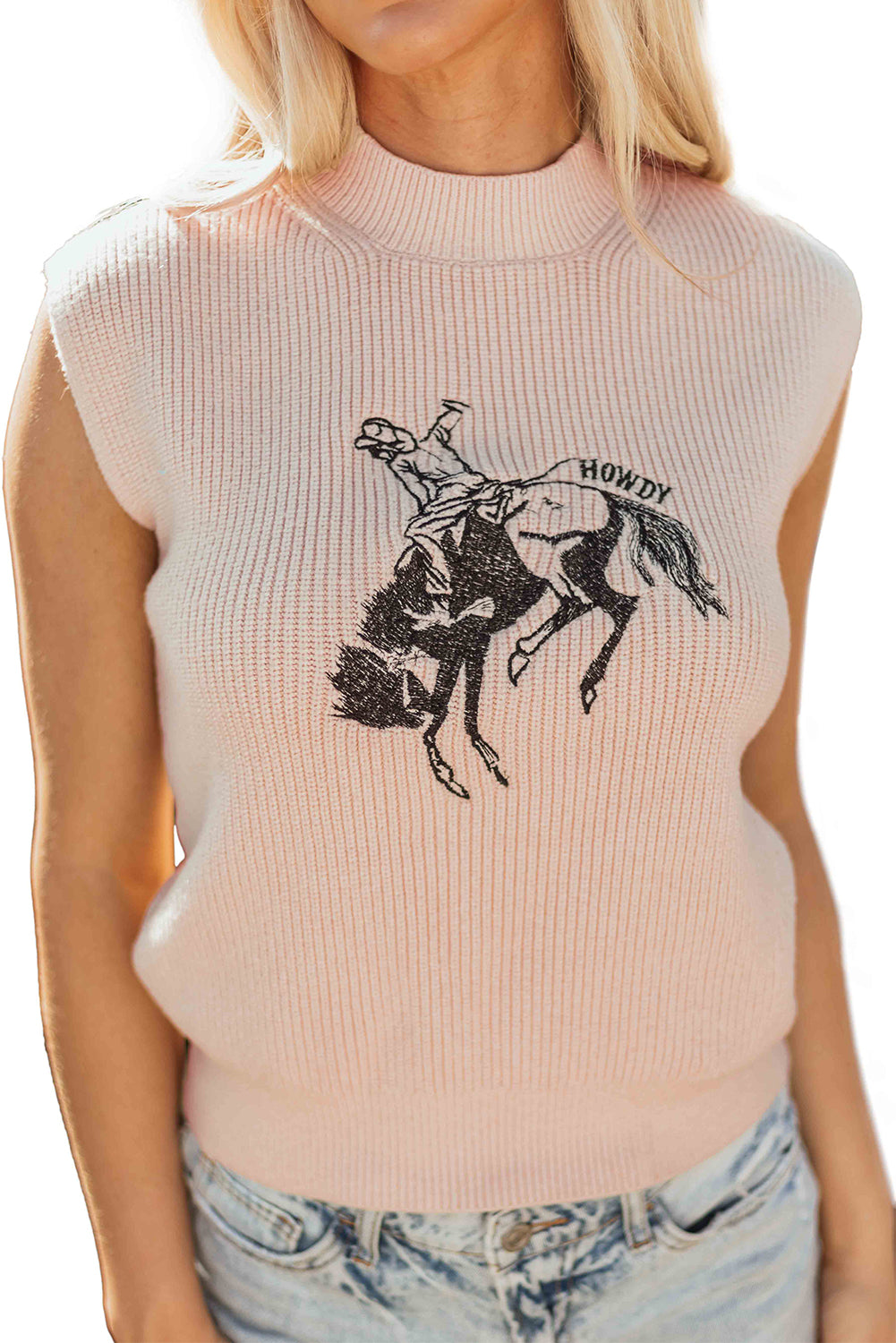 Oatmeal Howdy Rodeo Cowboy Graphic High Neck Short Sleeve Sweater