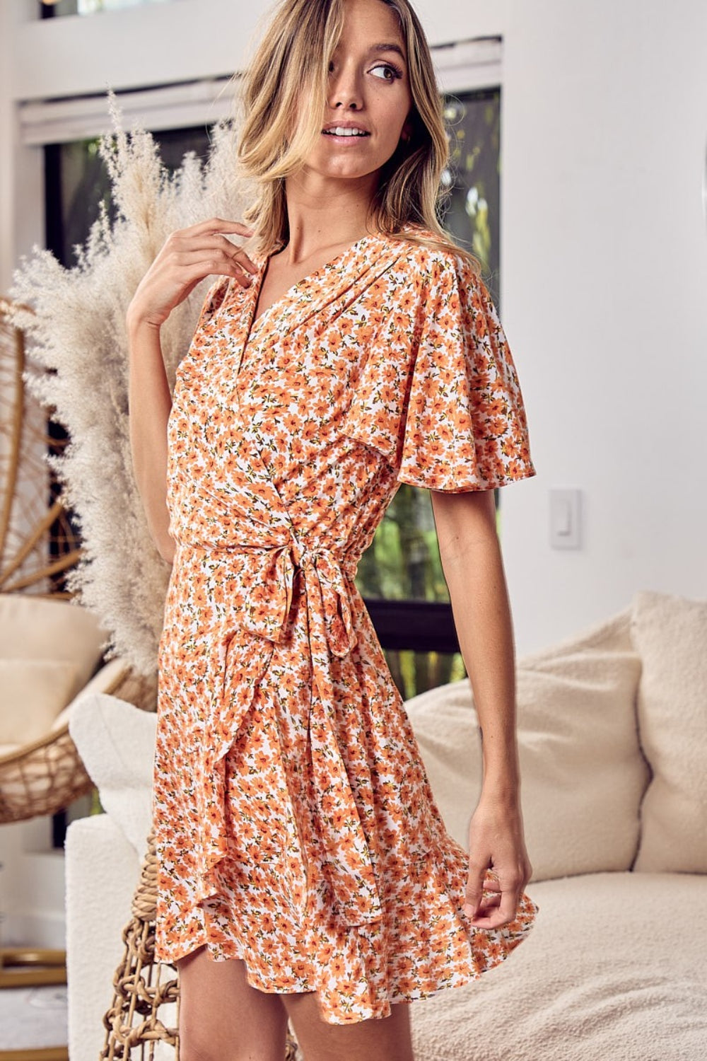 Blue Zone Planet | BiBi Floral Tied Short Sleeve Mini Wrap Dress BLUE ZONE PLANET
