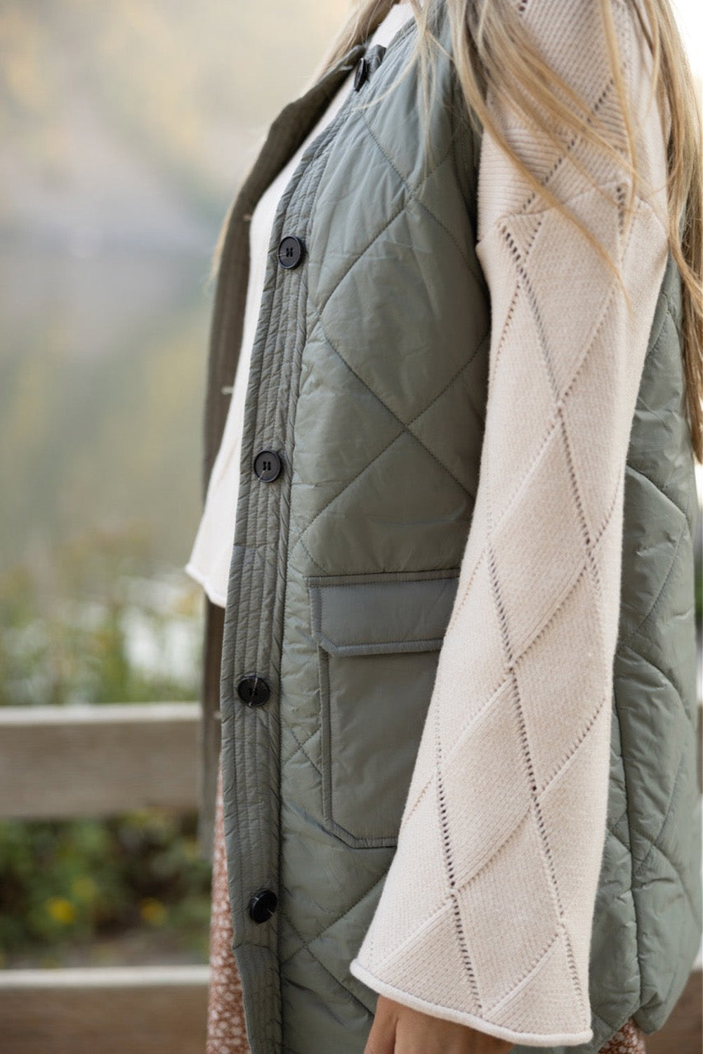 Blue Zone Planet | Grass Green Quilted Long Vest Jacket with Pockets Blue Zone Planet