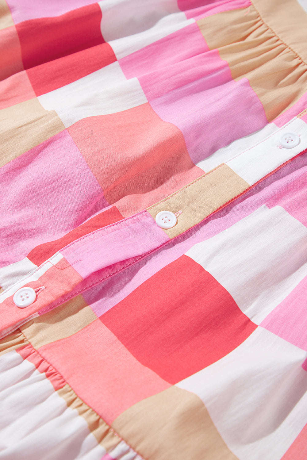 Blue Zone Planet | Pink Plaid Print Puff Sleeve Buttoned Tiered Dress Blue Zone Planet