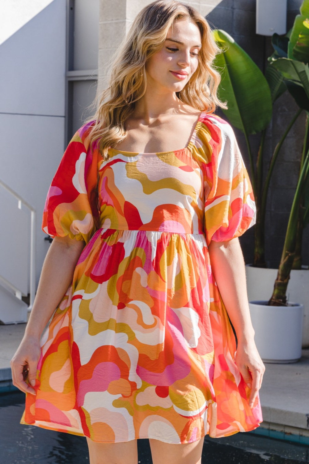 Blue Zone Planet |  ODDI Full Size Printed Tied Back Short Sleeve Mini Dress BLUE ZONE PLANET