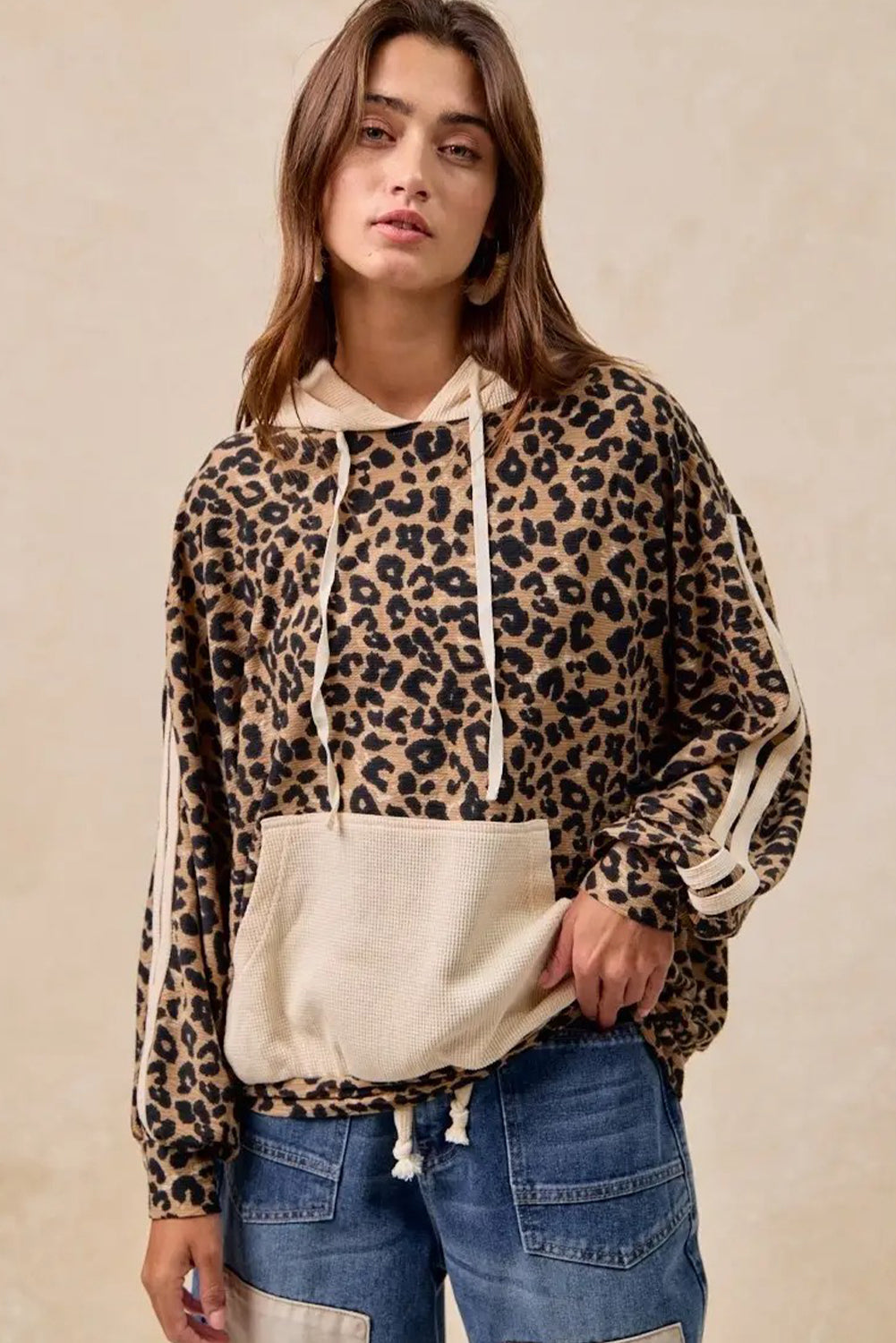 Leopard Print Waffle Contrast Kangaroo Pocket Hooded Sweatshirt