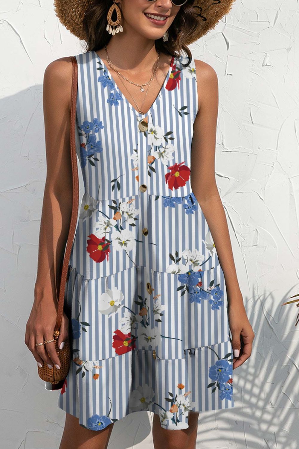Nova's Floral Printed V-Neck Sleeveless Mini Dress BLUE ZONE PLANET