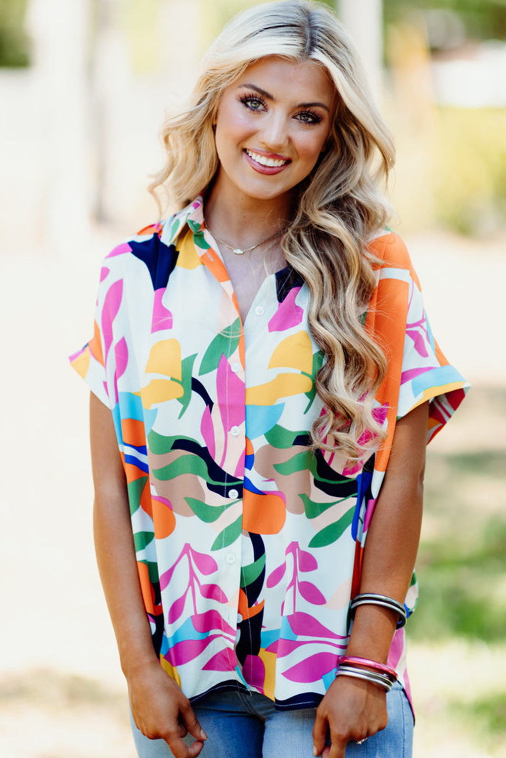 Blue Zone Planet | Multicolour Abstract Leafy Print Short Sleeve Shirt Blue Zone Planet