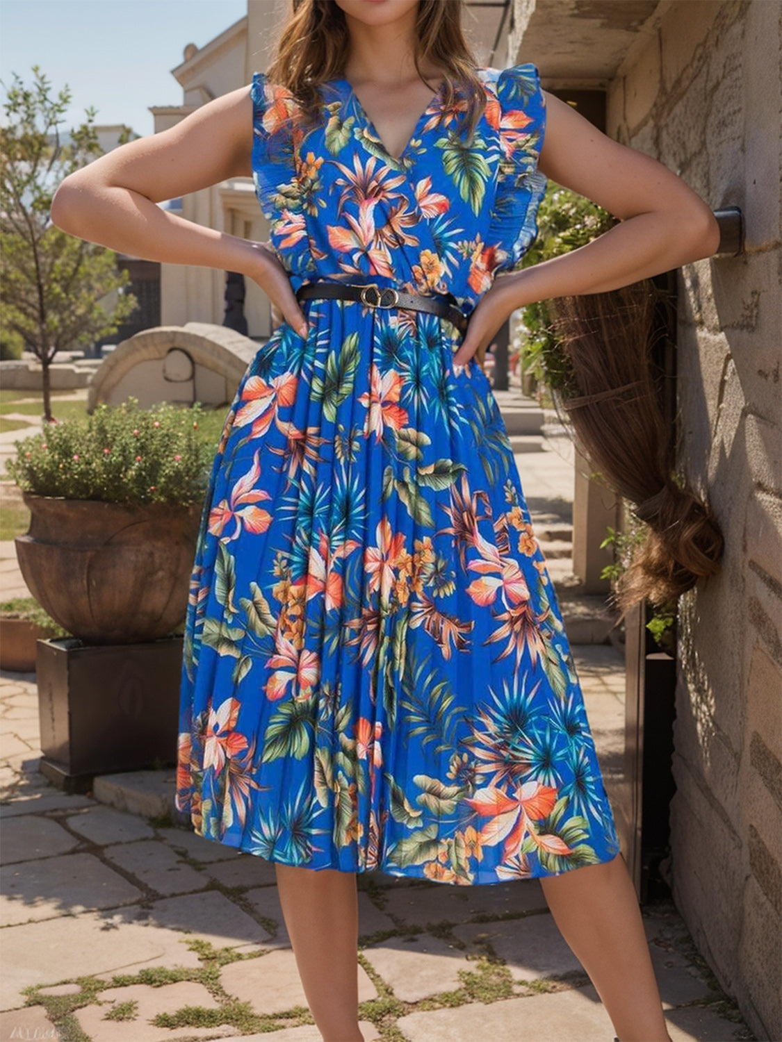 Blue Zone Planet | Ruffled Printed Surplice Cap Sleeve Dress BLUE ZONE PLANET