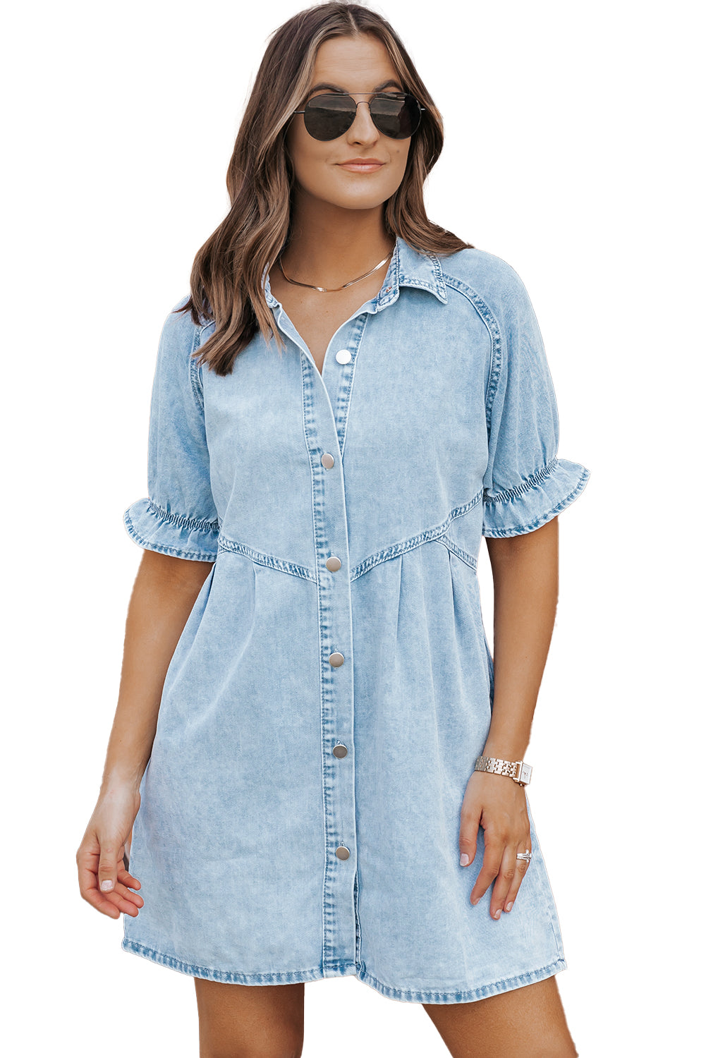 Blue Zone Planet |  Beau Blue Mineral Wash Ruffled Short Sleeve Buttoned Denim Dress Blue Zone Planet