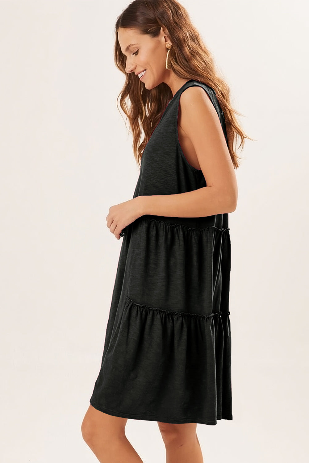 Blue Zone Planet | Moonlight Jade Split V Neck Tiered Flowy Sleeveless Dress Blue Zone Planet