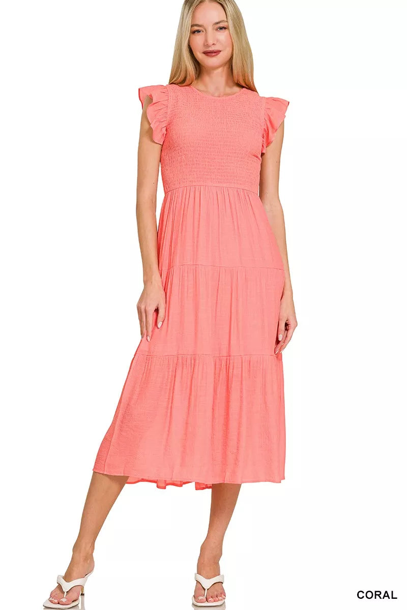 zenana midi dress Zenana Woven Smocked Ruffle Sleeve Midi Dress CORAL / M