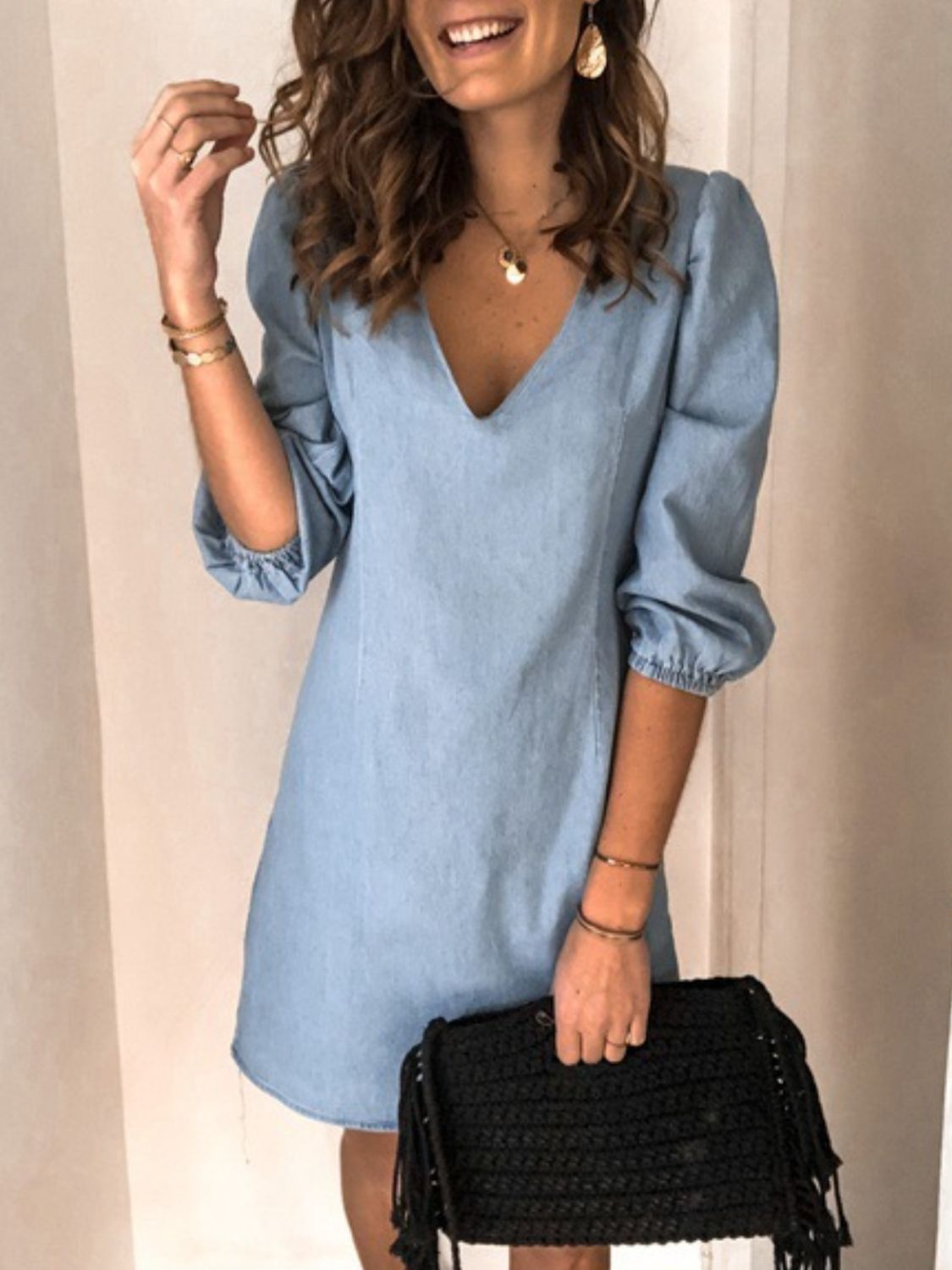 Full Size V-Neck Half Sleeve Denim Dress BLUE ZONE PLANET
