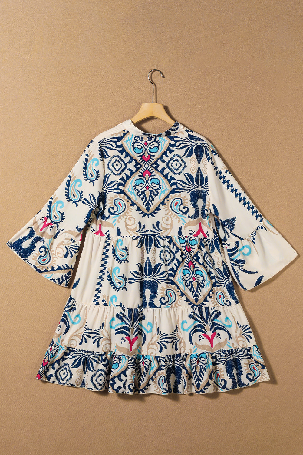 Blue Zone Planet | White Printed Tribal Print Bracelet Sleeve Buttoned Mini Dress Blue Zone Planet