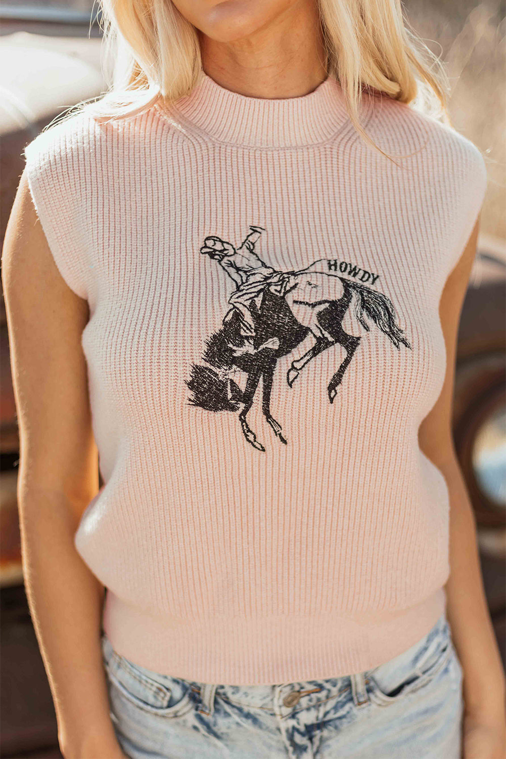 Oatmeal Howdy Rodeo Cowboy Graphic High Neck Short Sleeve Sweater