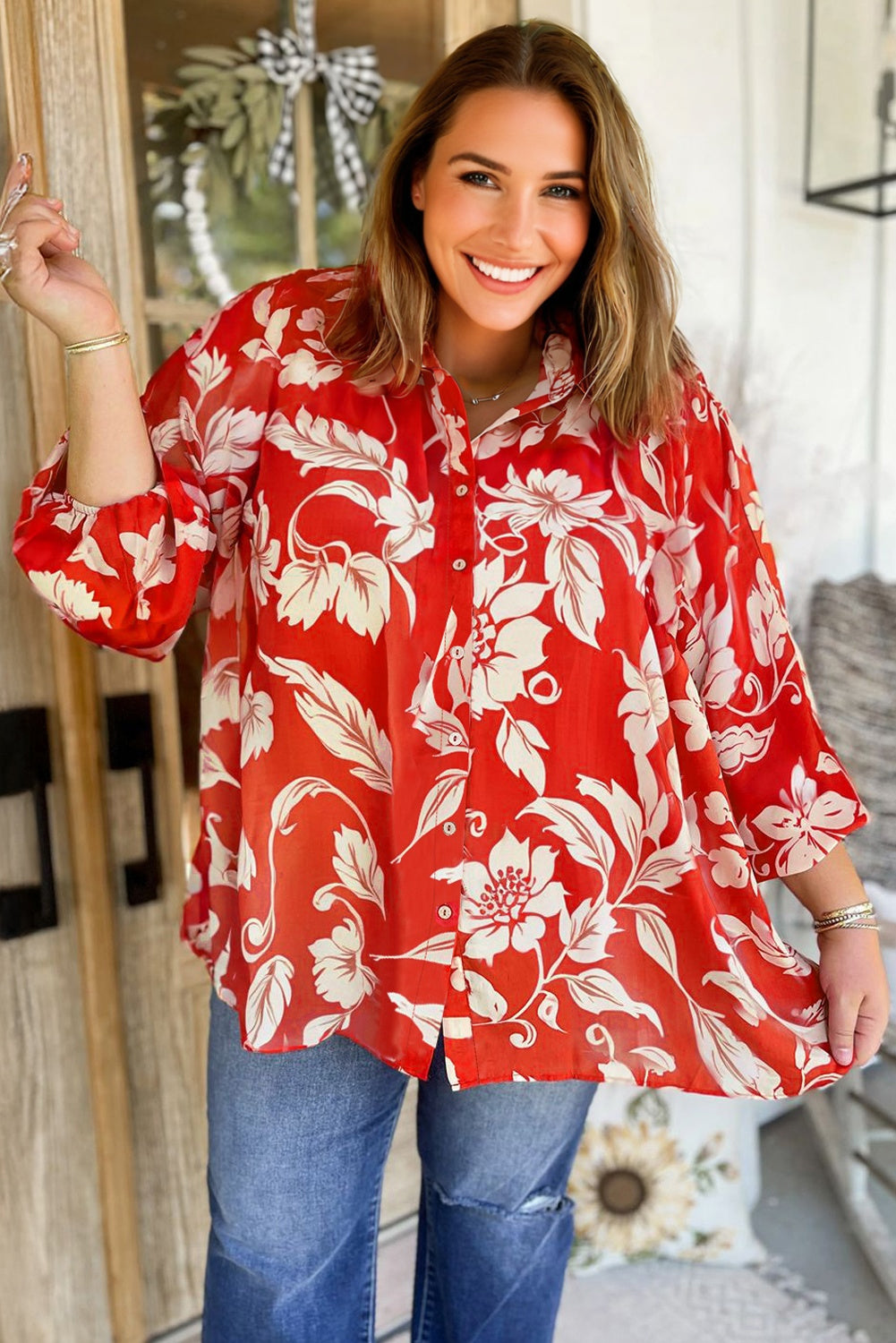 Red Plus Size Floral Print Loose Button Up Shirt