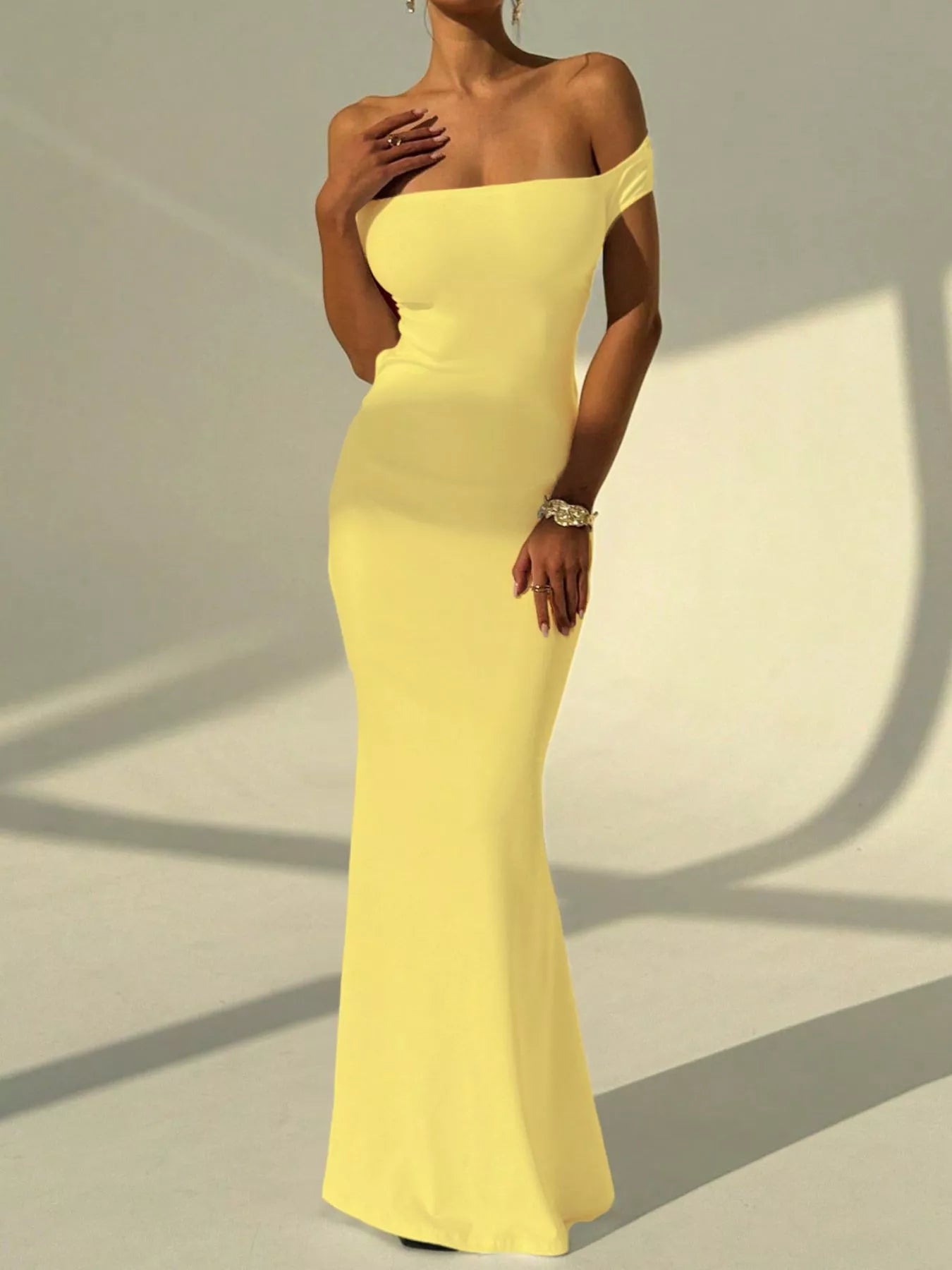 Backless Off-Shoulder Bodycon Mermaid Maxi Dress Yellow / L by Blue Zone Planet