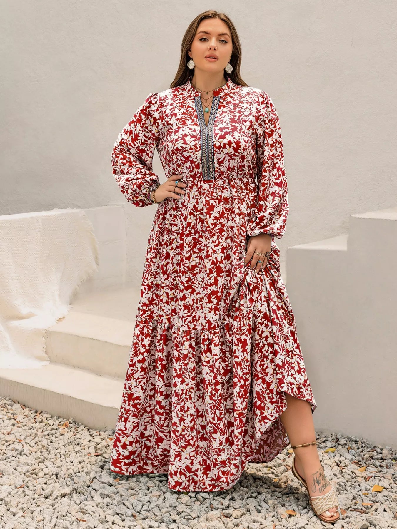 Plus Size Floral Print Long Sleeve Maxi Dress Deep Red / 1XL