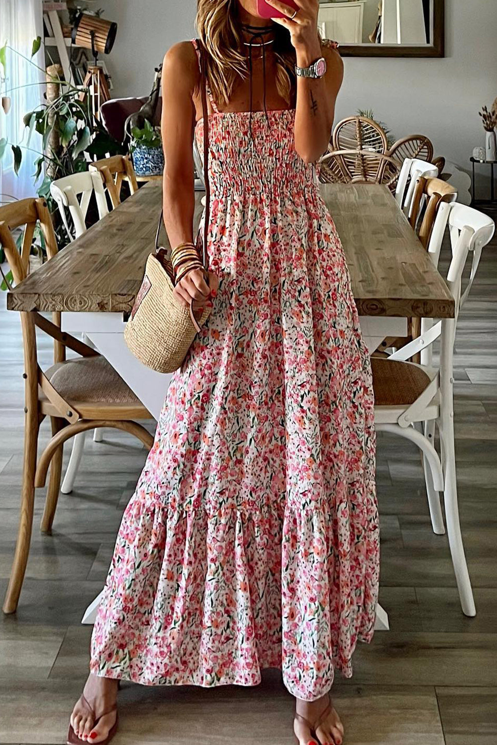 Blue Zone Planet | White Boho Floral Smocked Ruffled Maxi Dress Blue Zone Planet