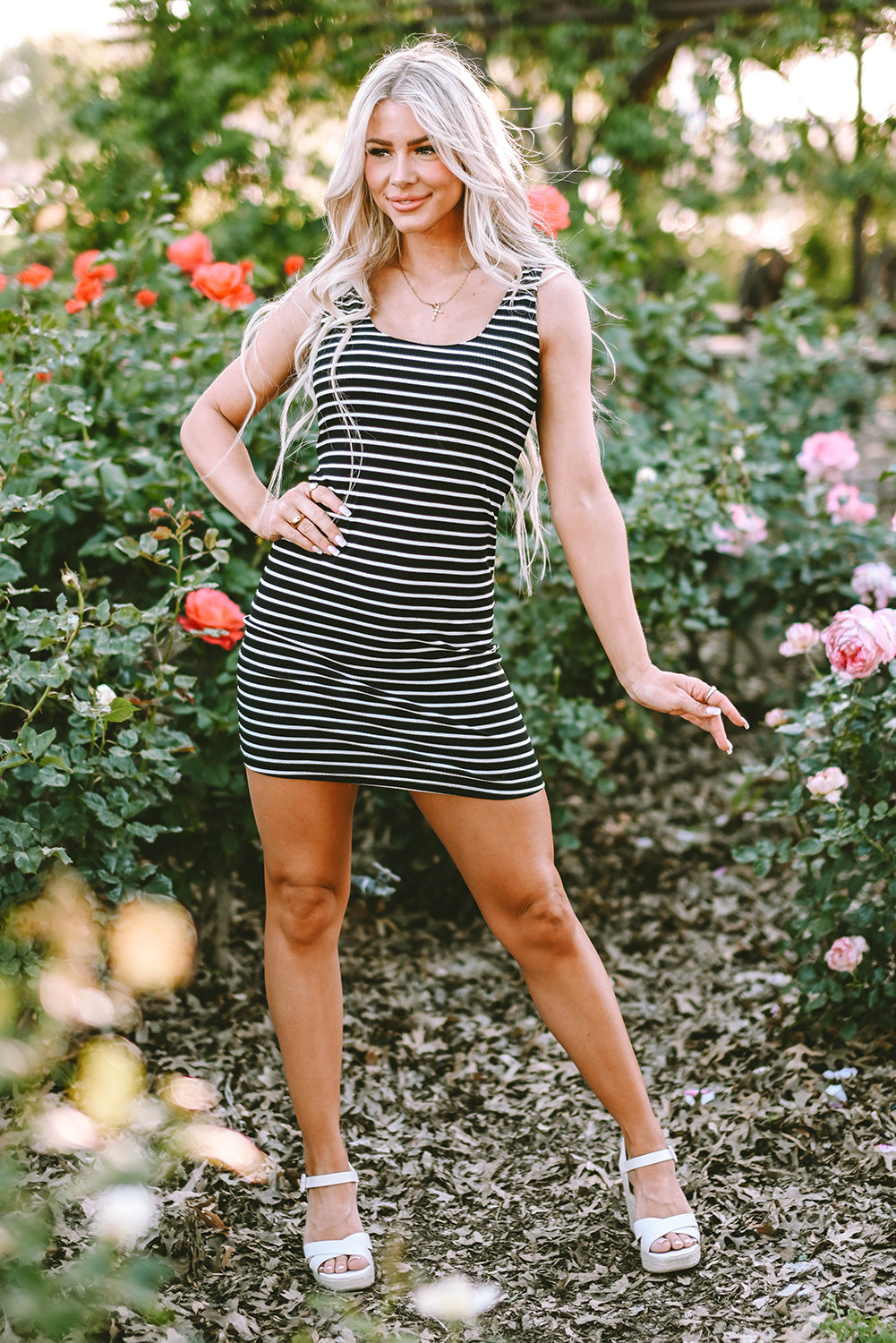 Blue Zone Planet | Black Stripe Ribbed Knit Sleeveless Mini Dress Blue Zone Planet
