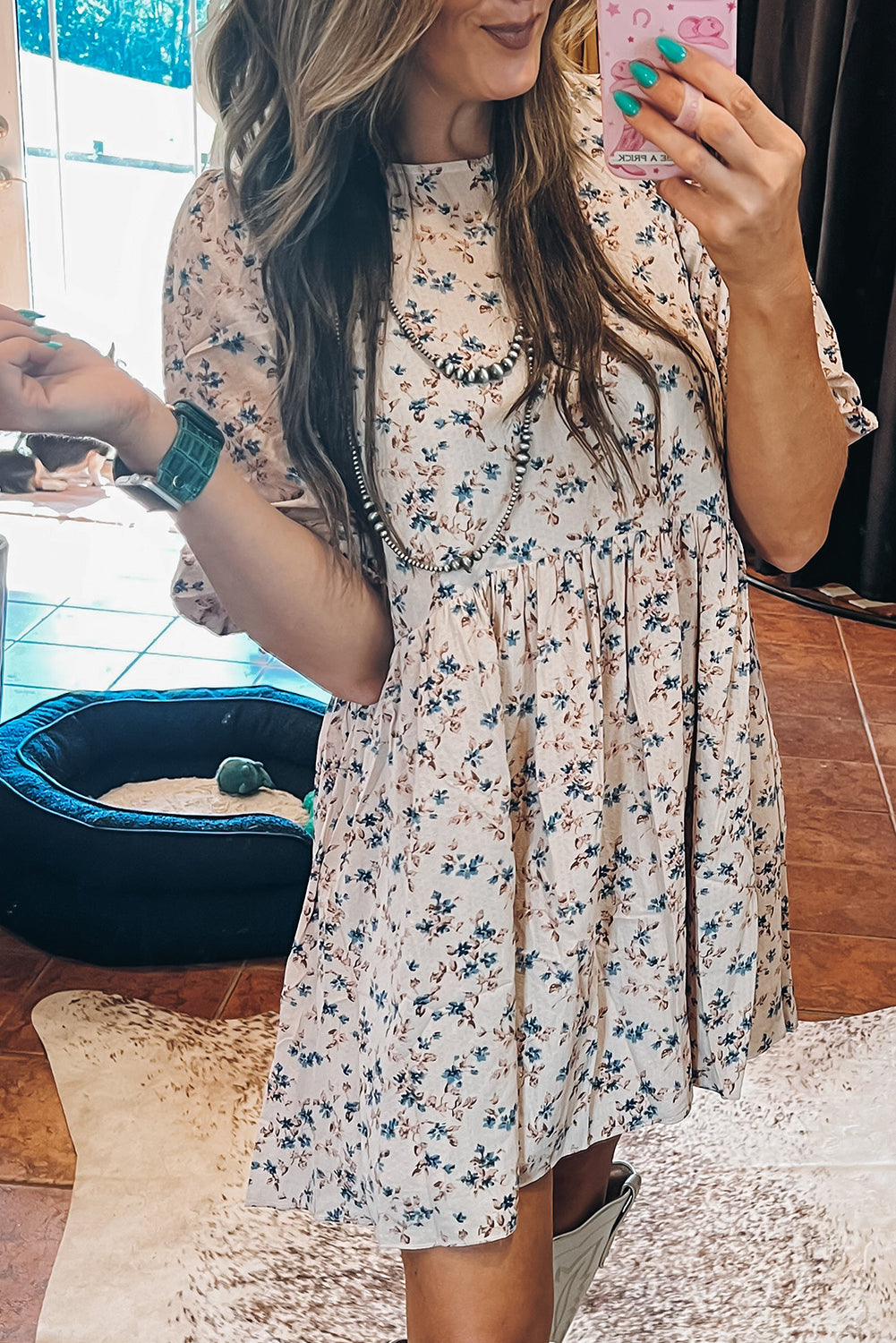 Beige Floral Puff Short Sleeve Empire Waist Mini Dress - Blue Zone Beige Floral Puff Short Sleeve Empire Waist Mini Dress - Blue Zone