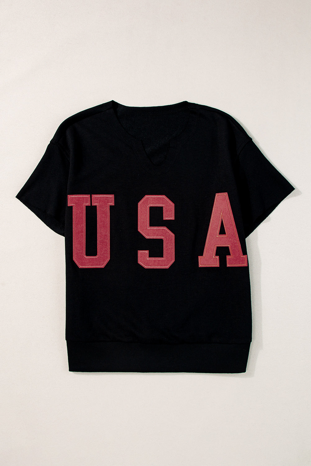 Black USA Lettering Patch Notched Neck Loose Tee Blue Zone Planet