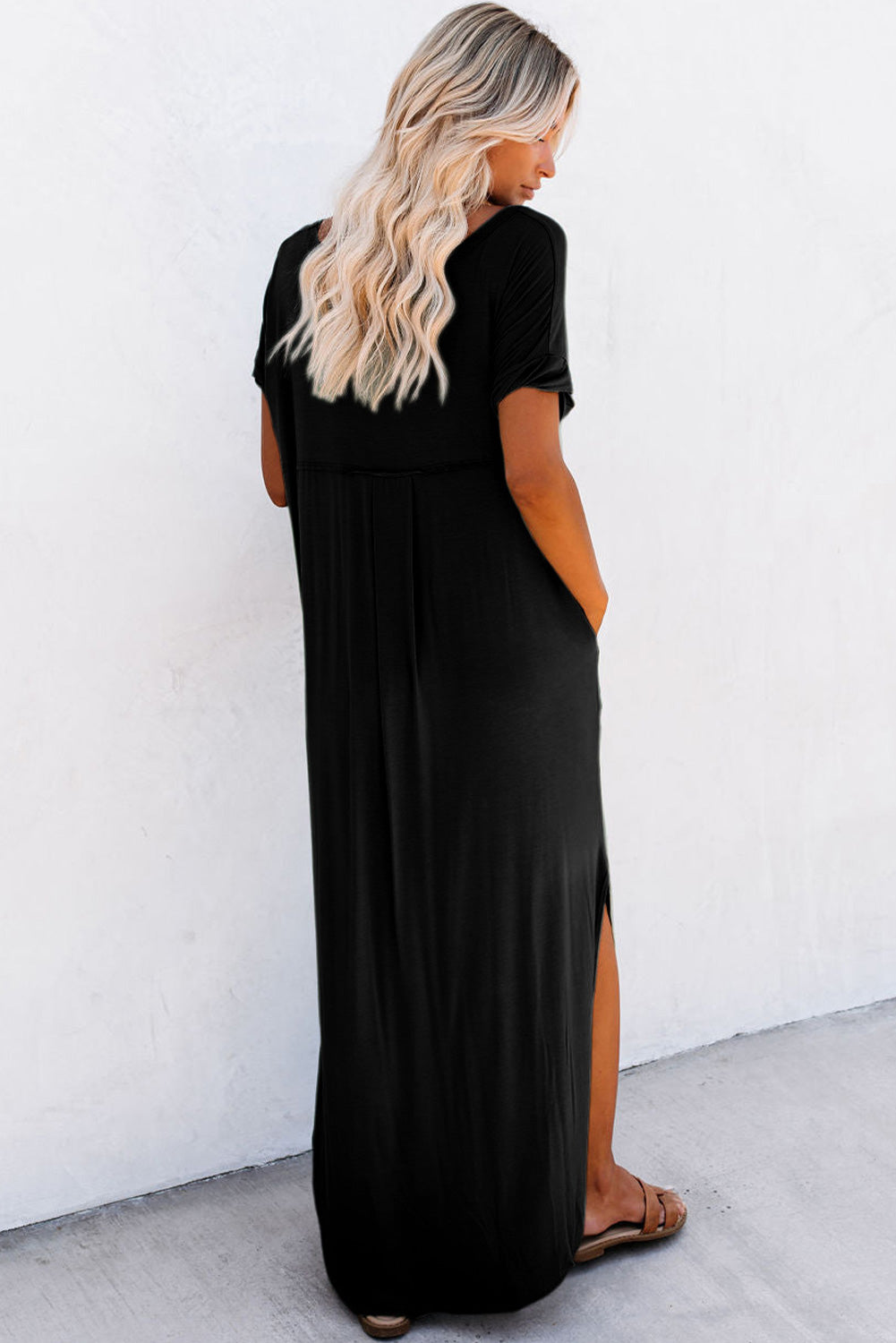 Blue Zone Planet | Black V Neck Hidden Pocket Splits Maxi T-shirt Dress Blue Zone Planet