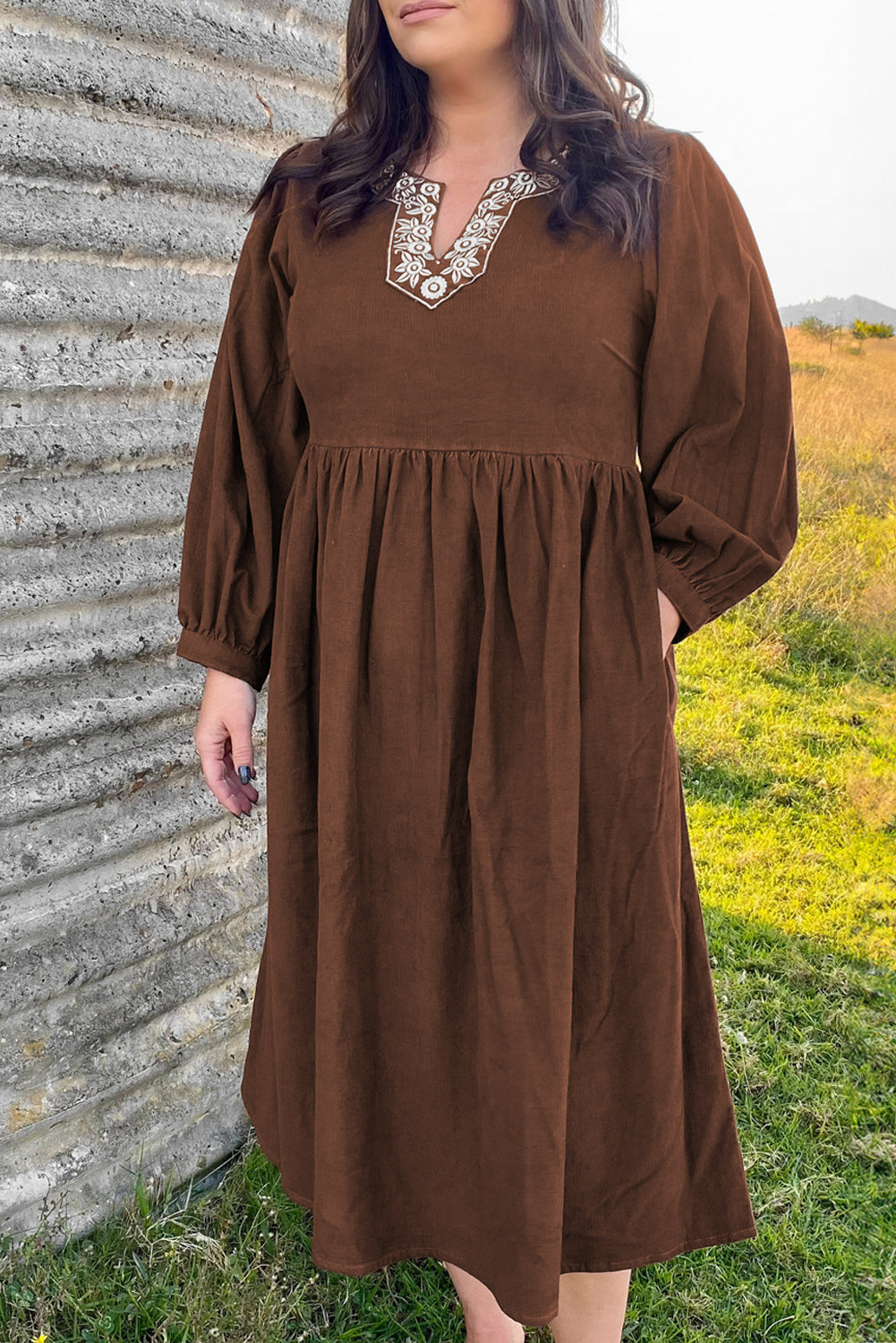 Coffee Embroidered Notched Neckline Textured Pleated High Waist Plus Size Midi Dress Coffee / 2X / 100%Polyester by Blue Zone Planet