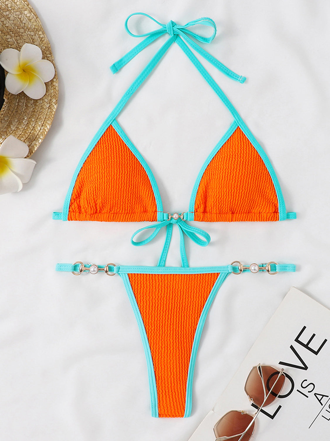 Blue Zone Planet | Stella's Textured Contrast Halter Neck Two-Piece Bikini Set BLUE ZONE PLANET