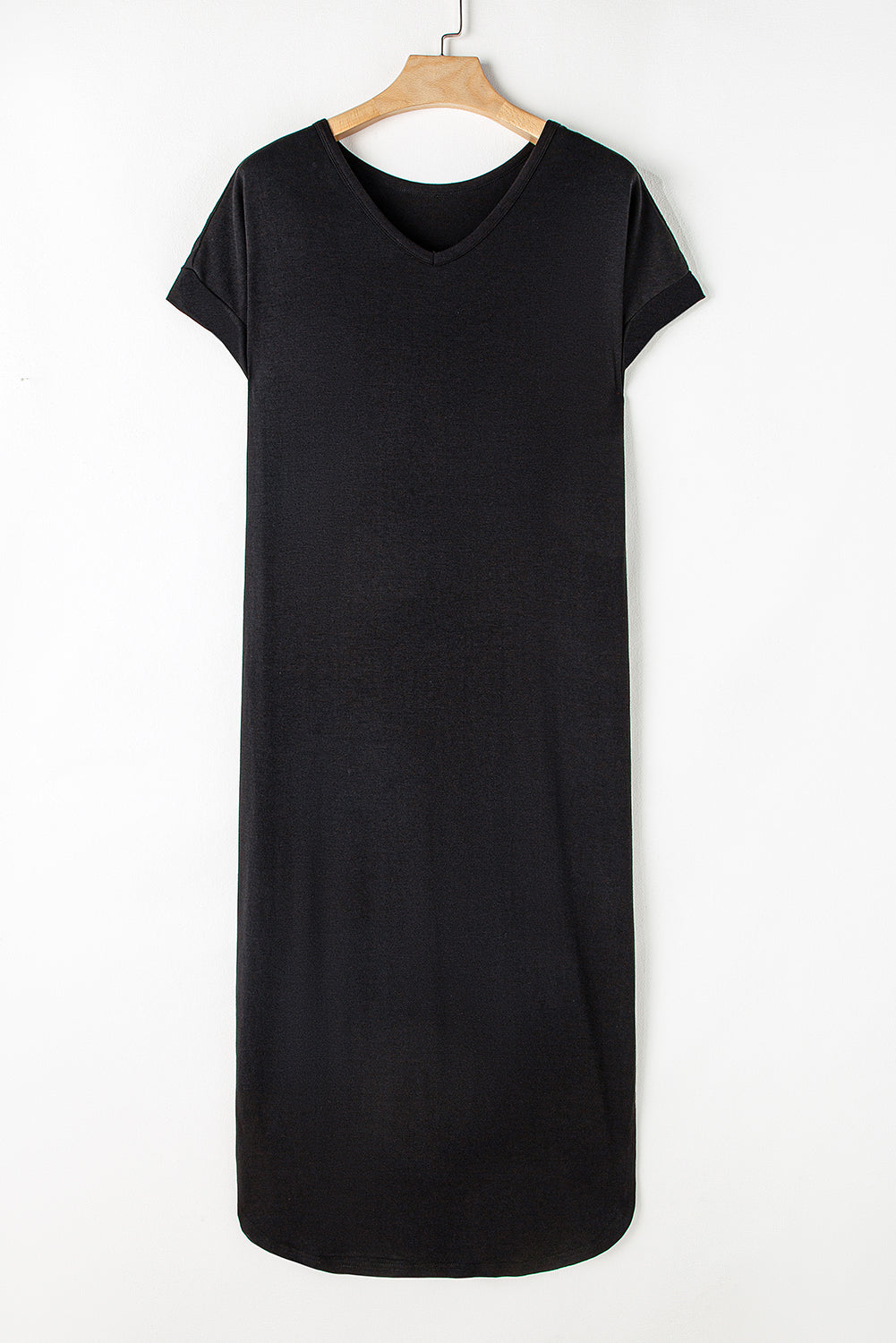 Blue Zone Planet | Black V Neck Hidden Pocket Splits Maxi T-shirt Dress Blue Zone Planet