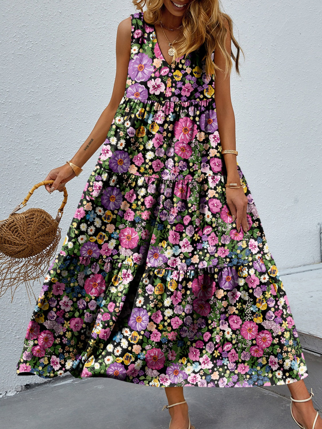 Tiered Printed V-Neck Sleeveless Dress BLUE ZONE PLANET