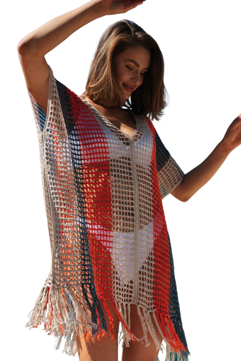Blue Zone Planet | Multicolor Striped Tassel Crochet V Neck Beach Cover Up Blue Zone Planet